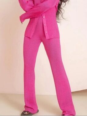 NWT Hanifa Hot Pink Ribbed High Waisted Stretch Knit Pants Size Medium